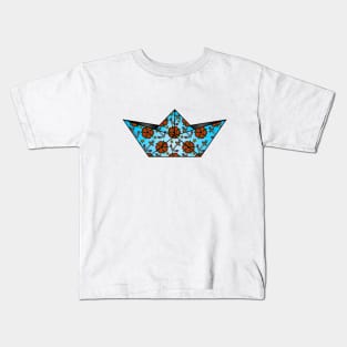 Origami boat with red poppies and anchors Kids T-Shirt